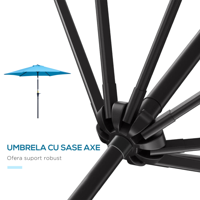  Umbrela de Gradina inclinabila cu Manivela, Tija si 6 Spite, Ø2.6x2.4 m, Albastru [8]