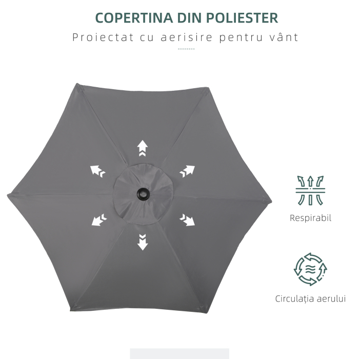  Umbrela de Gradina inclinabila, cu Orificiu de Ventilatie si 6 Brate, Ø196x204 cm, Gri [6]