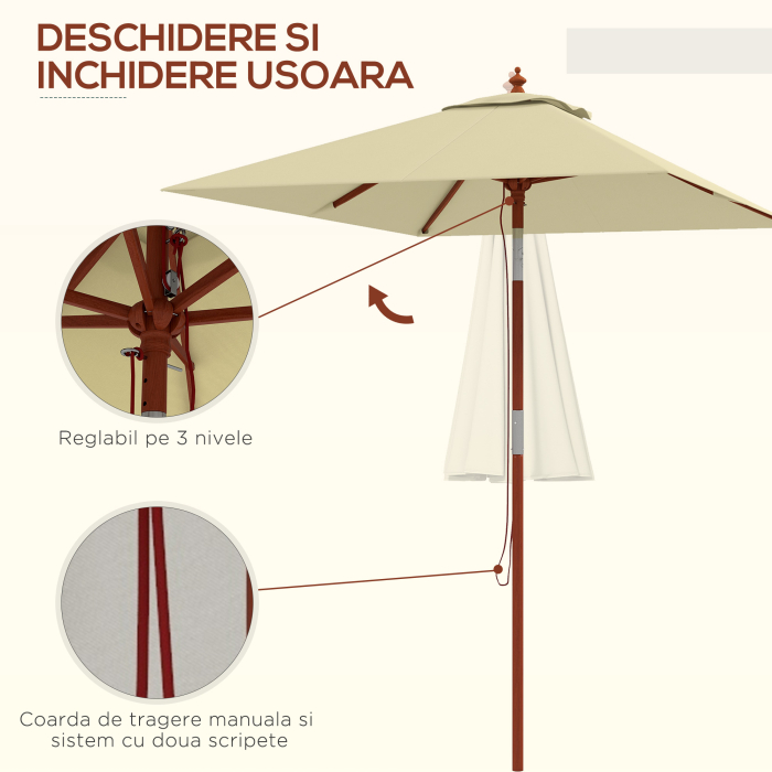 Umbrela de Gradina inclinabila cu Sistem cu snur si Orificiu de Ventilatie, 200x150x235 cm, Bej [6]