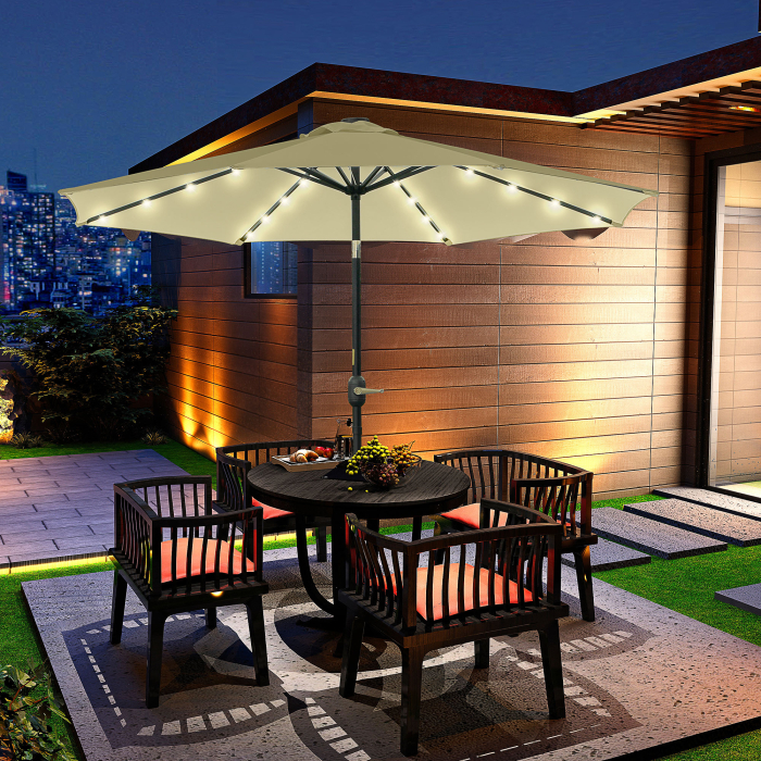  Umbrela de Gradina Inclinabila Ø265 cm cu 32 Luminile LED Solare si Manivela, Umbrela de Exterior cu 8 Spite, din Otel, Poliester, pentru Patio, Curte, Balcon, Terasa, Bej [8]