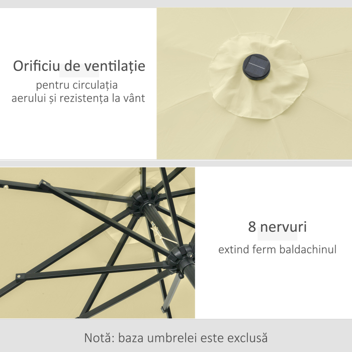  Umbrela de Gradina Inclinabila Ø265 cm cu 32 Luminile LED Solare si Manivela, Umbrela de Exterior cu 8 Spite, din Otel, Poliester, pentru Patio, Curte, Balcon, Terasa, Bej [5]