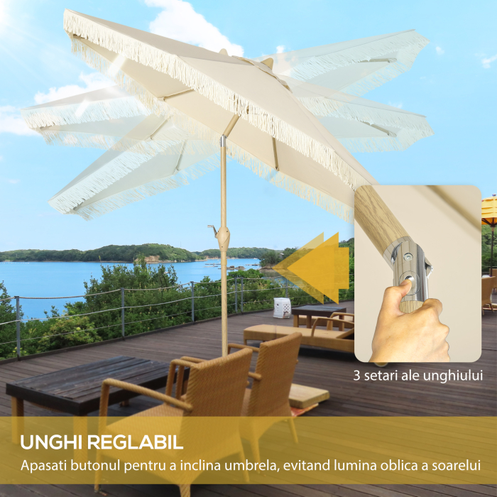  Umbrela de Gradina inclinabila pe 3 Niveluri cu Franjuri, Manivela si Tija cu 2 Sectiuni, Ø265x244 cm, Crem [4]