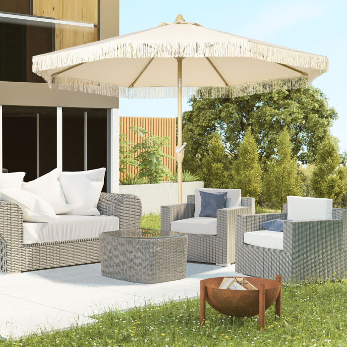 Umbrela de Gradina inclinabila pe 3 Niveluri cu Franjuri, Manivela si Tija cu 2 Sectiuni, Ø265x244 cm, Crem [2]