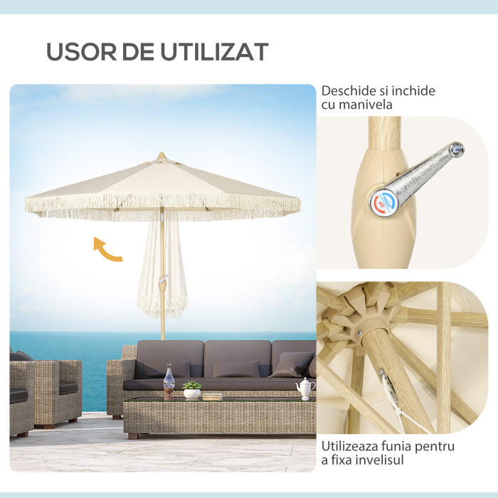  Umbrela de Gradina inclinabila pe 3 Niveluri cu Franjuri, Manivela si Tija cu 2 Sectiuni, Ø265x244 cm, Crem [5]