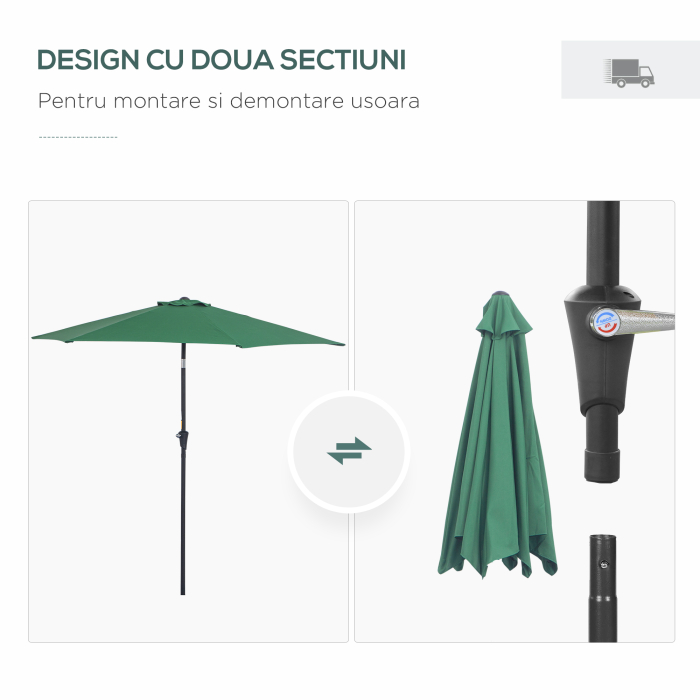 Umbrela de Gradina Reclinabila Plaja Aluminiu si Poliester Φ2.6×2.35m Verde Inchis [7]