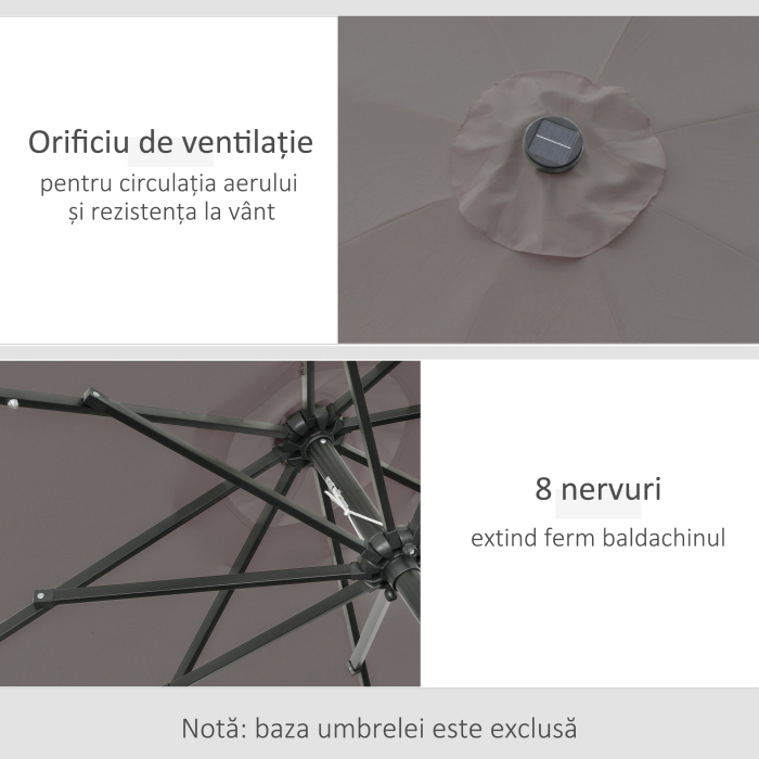  Umbrela de Gradina Reglabila Ø265 cm cu 32 Lumini LED Solare si Manivela, Umbrela de Exterior cu 8 Bare de Sprijin, din Otel, Poliester, pentru Terasa, Curte, Balcon, Gri [5]
