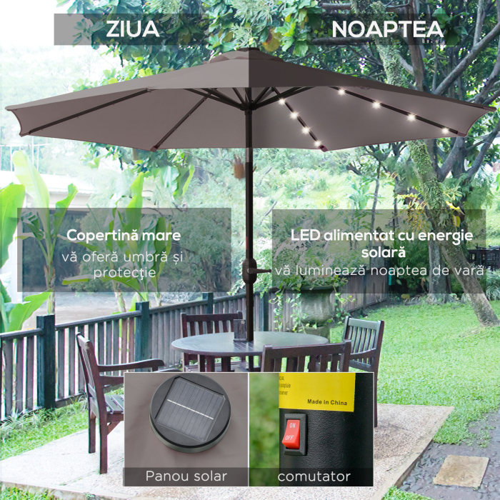  Umbrela de Gradina Reglabila Ø265 cm cu 32 Lumini LED Solare si Manivela, Umbrela de Exterior cu 8 Bare de Sprijin, din Otel, Poliester, pentru Terasa, Curte, Balcon, Gri [4]