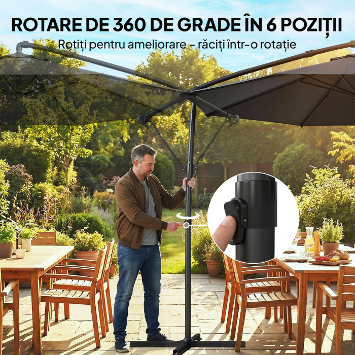  Umbrela de Gradina Suspendata 3x3m cu Baldachin Reglabil, Baza in Cruce, Ventilatie, Manivela, Umbrela Decentralizata inclinabila din Metal si Poliester, pentru Curte Terasa, Negru [6]