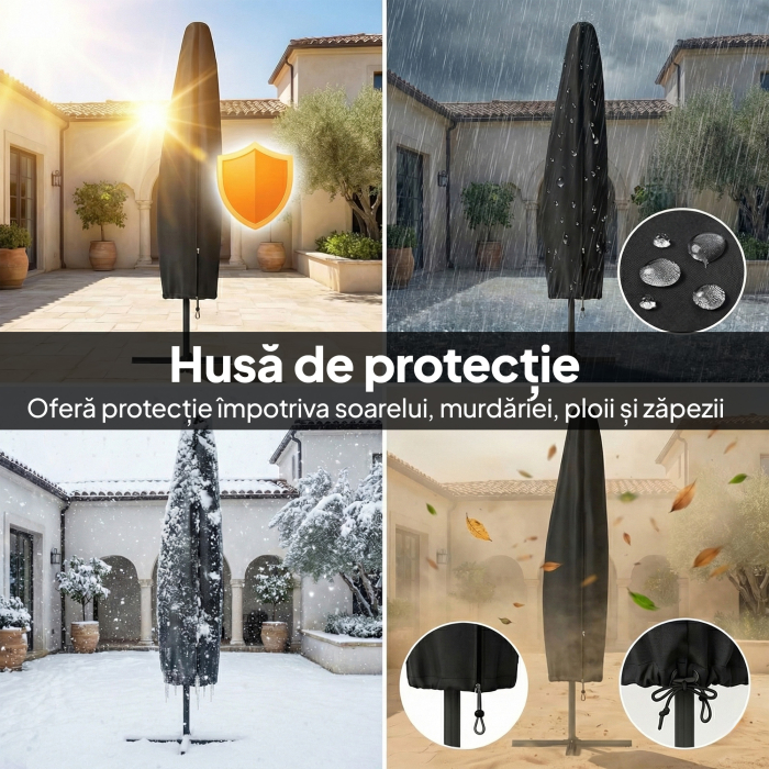  Umbrela de Gradina Suspendata 3x3m cu Baldachin Reglabil, Baza in Cruce, Ventilatie, Manivela, Umbrela Decentralizata inclinabila din Metal si Poliester, pentru Curte Terasa, Negru [7]