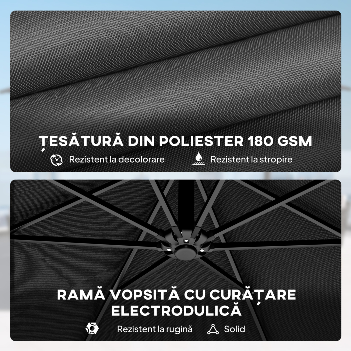  Umbrela de Gradina Suspendata 3x3m cu Baldachin Reglabil, Baza in Cruce, Ventilatie, Manivela, Umbrela Decentralizata inclinabila din Metal si Poliester, pentru Curte Terasa, Negru [8]