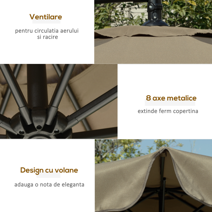  - Umbrela de gradina suspendata, cu deschidere cu manivela, din metal si poliester, Ø2,7x2,7 m, cafenie [6]