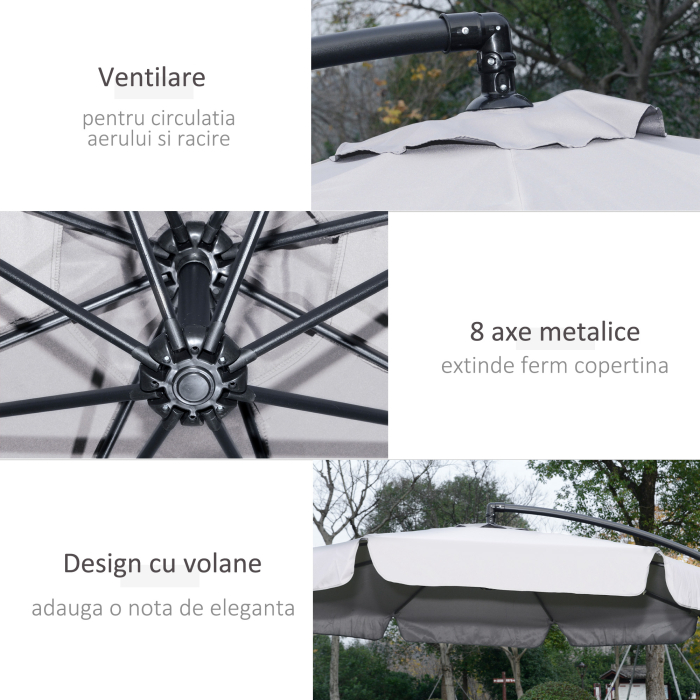  Umbrela de gradina suspendata cu deschidere cu manivela, din metal si poliester, Ø2,7x2,7 m, gri [6]