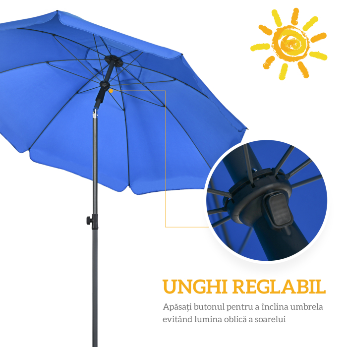 Umbrela de Plaja 1.8x2 m cu Inclinatie la 45° si 8 Stecche, Poliester si Otel, Albastru [5]
