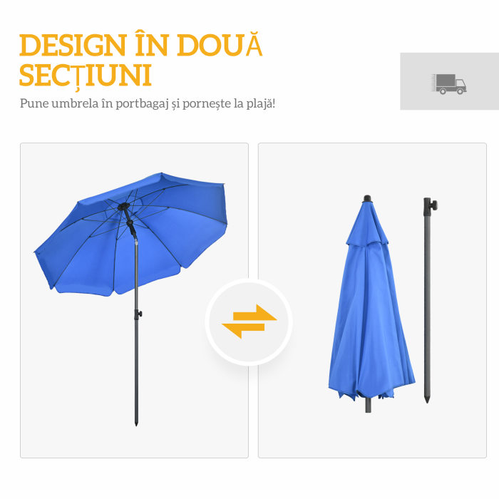  Umbrela de Plaja 1.8x2 m cu Inclinatie la 45° si 8 Stecche, Poliester si Otel, Albastru [8]