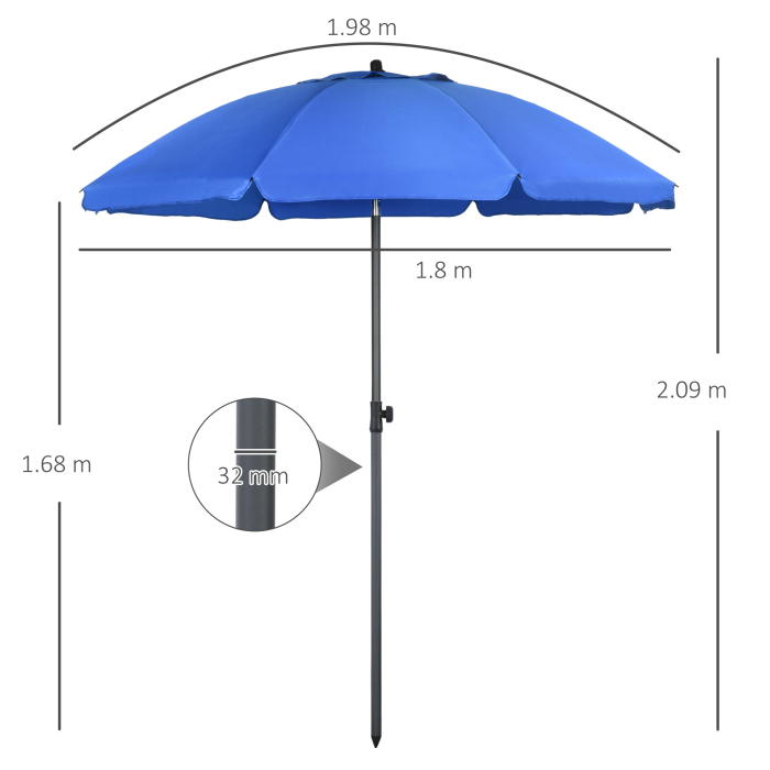  Umbrela de Plaja 1.8x2 m cu Inclinatie la 45° si 8 Stecche, Poliester si Otel, Albastru [3]