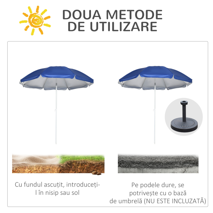  Umbrela de Plaja cu Acoperis inclinabil la 45°, Ferestre si 2 Buzunare, Ø191x211 cm, Albastru [6]