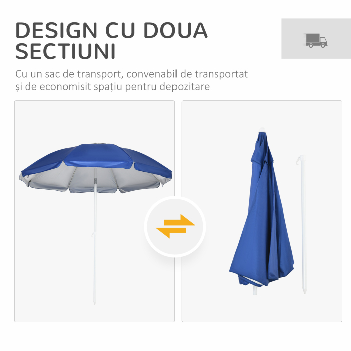  Umbrela de Plaja cu Acoperis inclinabil la 45°, Ferestre si 2 Buzunare, Ø191x211 cm, Albastru [5]