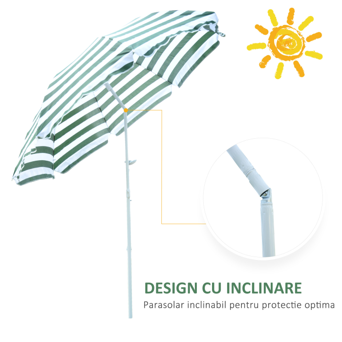  Umbrela de Plaja cu Acoperis inclinabil la 45°, Ø1.8x2 m, Verde si Alb [5]