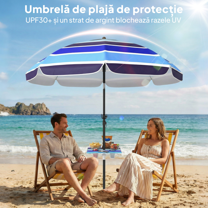  Umbrela de Plaja cu Masuta si Suport pentru Pahare, din Metal si Poliester, Ø198x214 cm, Multicolor [6]