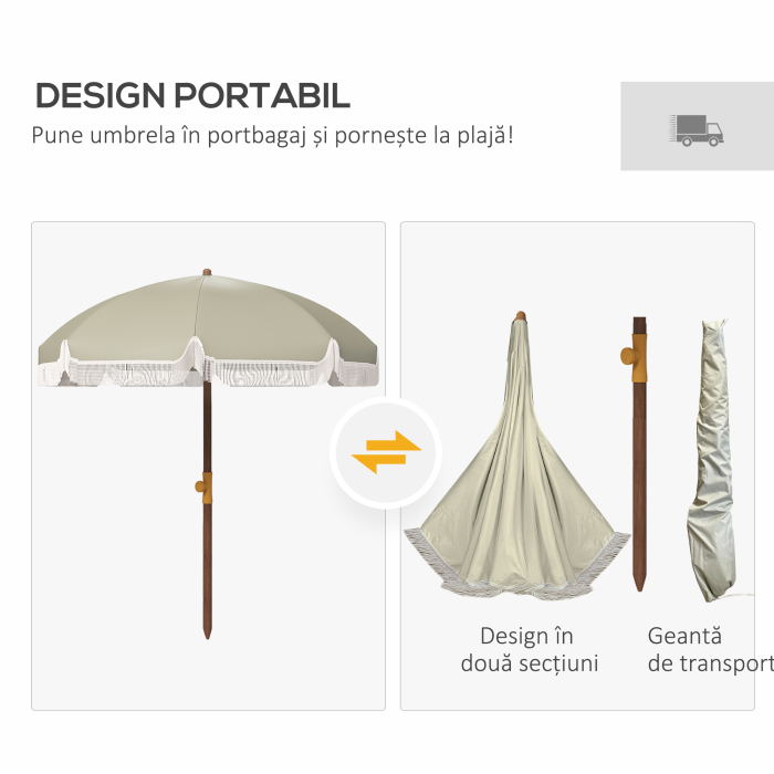  Umbrela de Plaja Portabila cu Volane in Aer Liber cu Baldachin Ventilat, Geanta de Transport, Ø1.9x2.1 m, Alb-Crem [7]