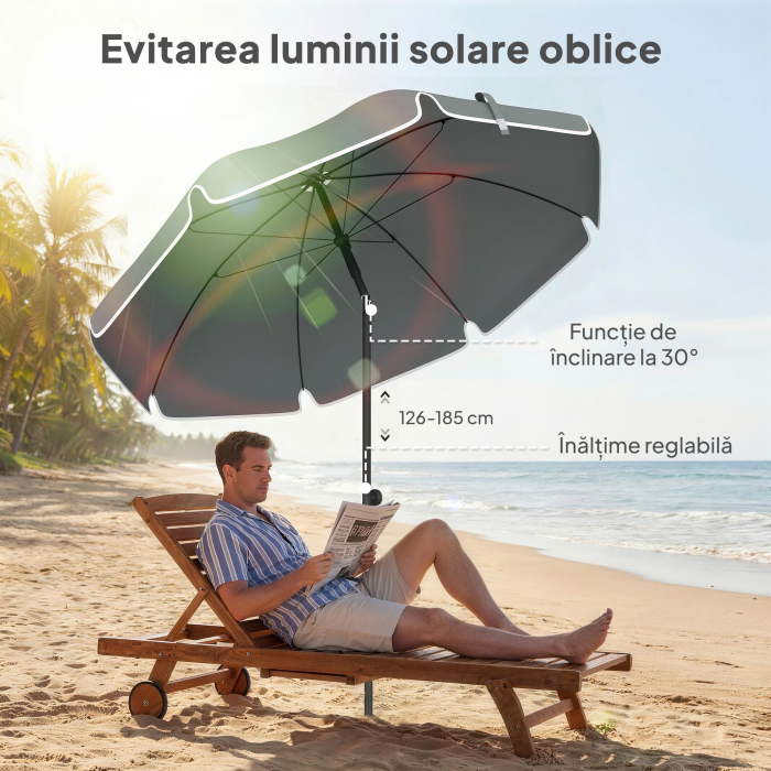  Umbrela de Plaja Reglabila cu Ancora pentru Nisip si Geanta de Transport, Ø150x185 cm, Gri inchis [4]