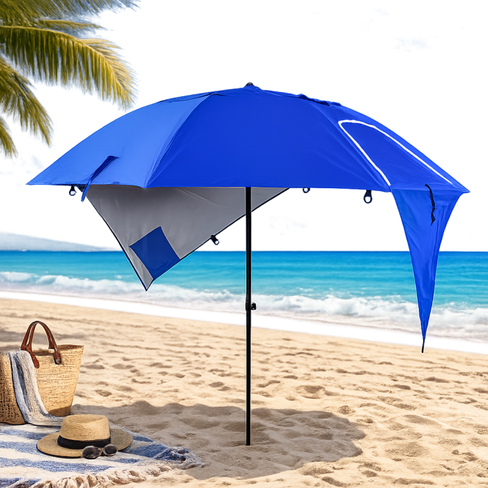 Umbrela de plaja tip cort 2 in 1 cu paravan lateral, ventilatie si protectie UV, diametru 213 cm, albastru [16]