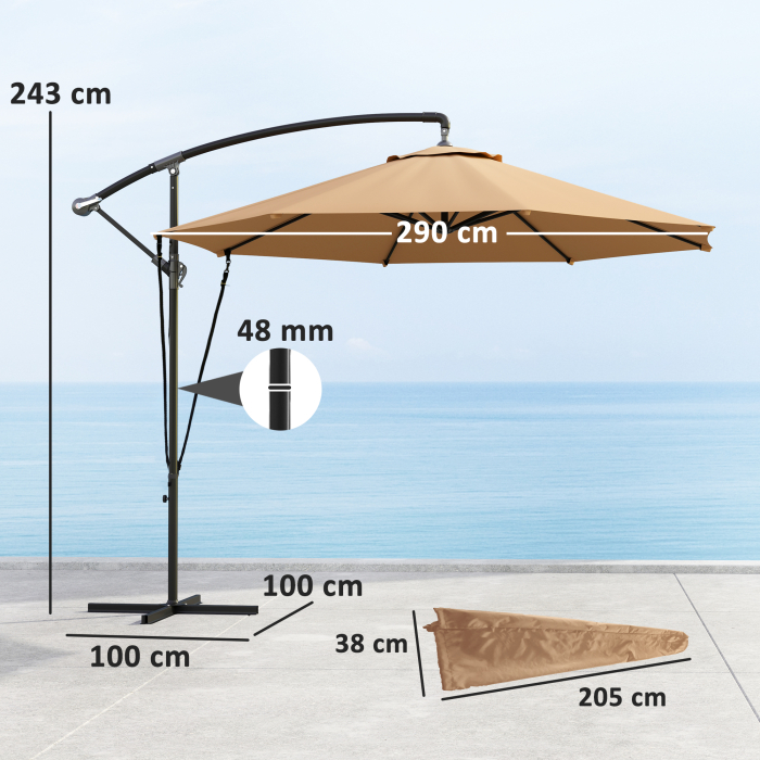  Umbrela de Soare cu Corzi Anti-Vant, Orificii de Aerisire, Baza in Cruce si Manivela, Φ290x243 cm, Gri [3]