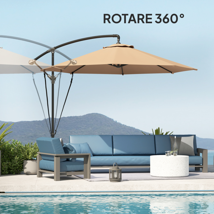  Umbrela de Soare cu Corzi Anti-Vant, Orificii de Aerisire, Baza in Cruce si Manivela, Φ290x243 cm, Gri [7]