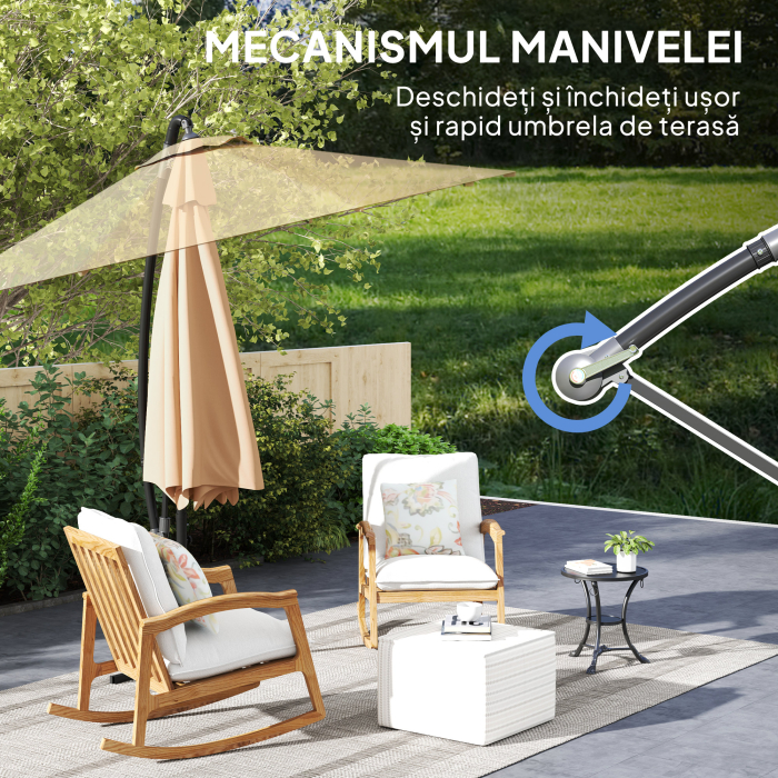  Umbrela de Soare cu Corzi Anti-Vant, Orificii de Aerisire, Baza in Cruce si Manivela, Φ290x243 cm, Gri [8]