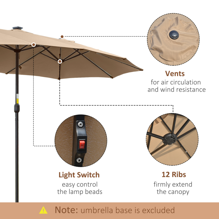  Umbrela de soare de Gradina 4,5 m cu 48 de Lumini LED cu Energie Solara, Umbrala de Soare Dubla cu Manivela, Kaki [5]