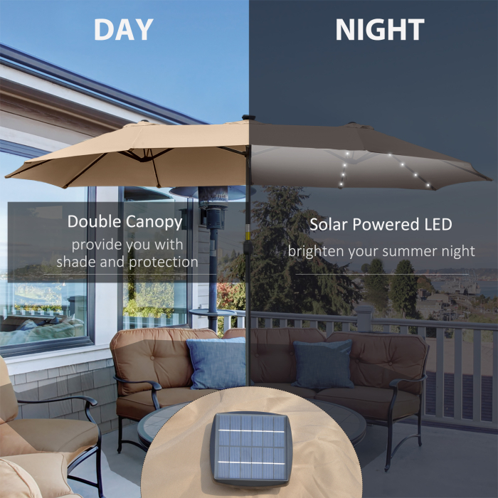  Umbrela de soare de Gradina 4,5 m cu 48 de Lumini LED cu Energie Solara, Umbrala de Soare Dubla cu Manivela, Kaki [4]