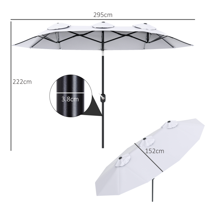  Umbrela de soare de gradina basculabila dubla cu deschidere cu manivela, copertina cu orificii cu ventilatie si 12 nervuri, 295x152x222cm, alb [3]