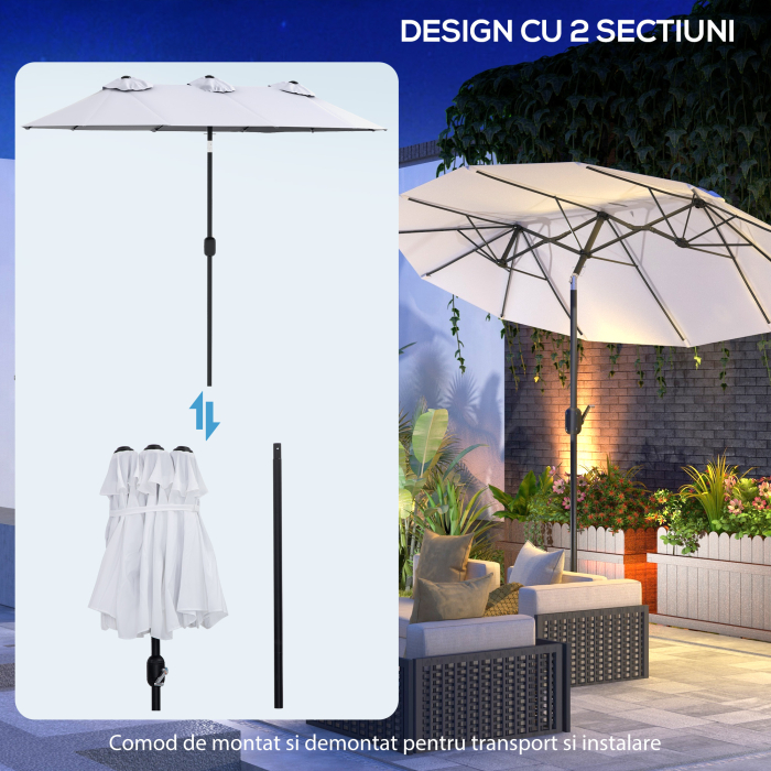  Umbrela de soare de gradina basculabila dubla cu deschidere cu manivela, copertina cu orificii cu ventilatie si 12 nervuri, 295x152x222cm, alb [8]