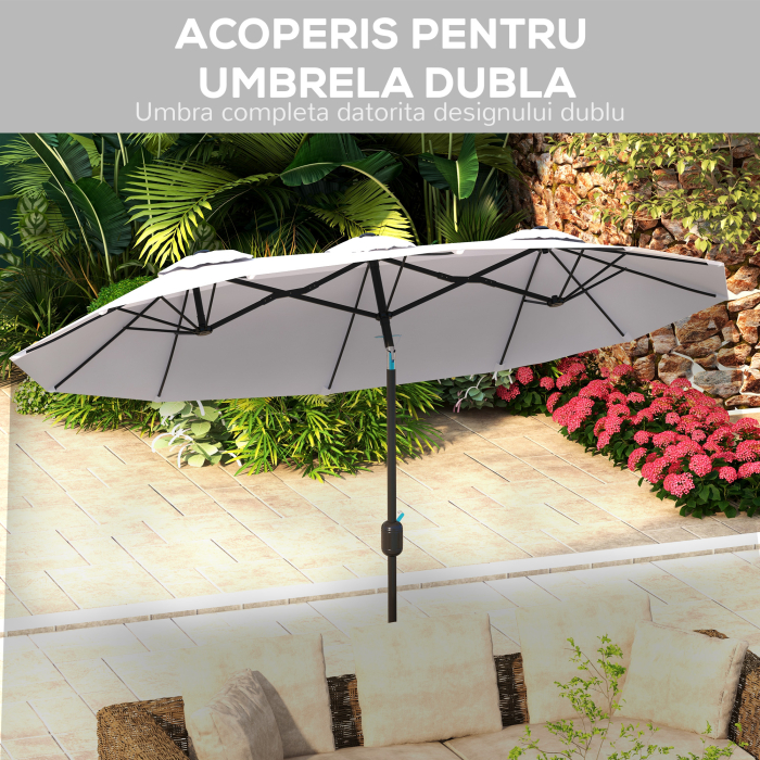  Umbrela de soare de gradina basculabila dubla cu deschidere cu manivela, copertina cu orificii cu ventilatie si 12 nervuri, 295x152x222cm, alb [5]