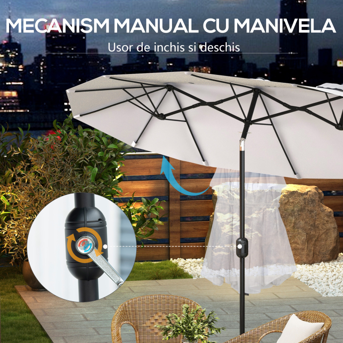  Umbrela de soare de gradina basculabila dubla cu deschidere cu manivela, copertina cu orificii cu ventilatie si 12 nervuri, 295x152x222cm, alb [6]