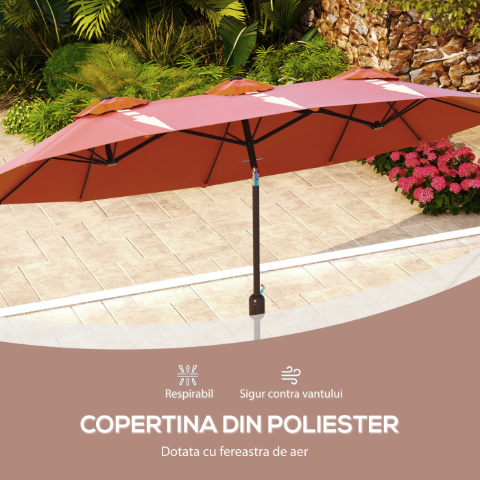  Umbrela de soare de gradina basculabila dubla cu deschidere cu manivela, copertina cu orificii de ventilatie si 12 nervuri, 295x152x222cm, rosu [7]