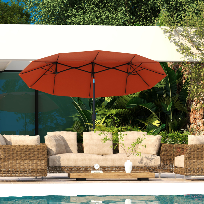  Umbrela de soare de gradina basculabila dubla cu deschidere cu manivela, copertina cu orificii de ventilatie si 12 nervuri, 295x152x222cm, rosu [2]