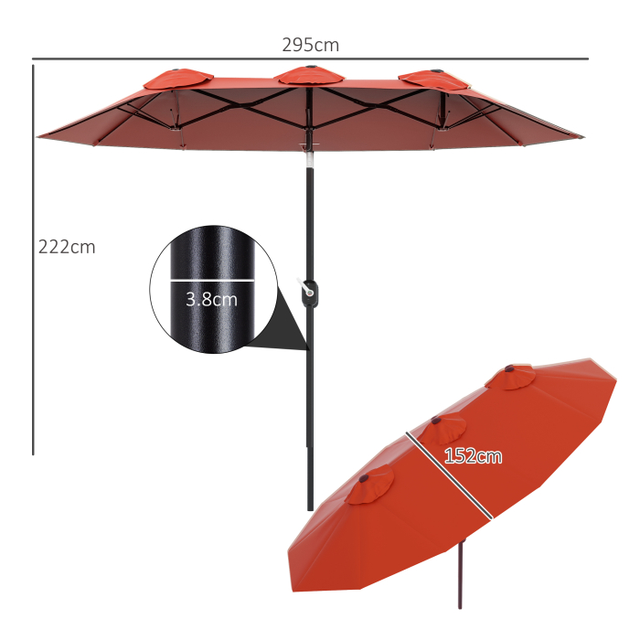  Umbrela de soare de gradina basculabila dubla cu deschidere cu manivela, copertina cu orificii de ventilatie si 12 nervuri, 295x152x222cm, rosu [3]