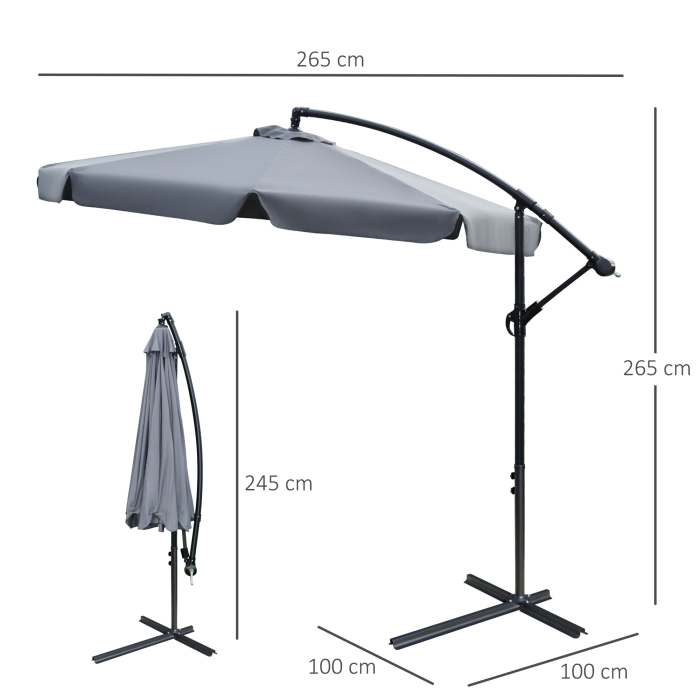  Umbrela de Soare pentru Gradina cu Brat  Parasolar din Metal, Baldachin din Poliester Reglabil si Deschidere cu Manivela, Φ265x265cm, Gri [3]
