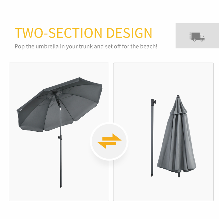  Umbrela de soare pentru plaja din Poliester si Otel cu 8 Nervuri, cu Tetiera care se Inclina la 45° si Design in 2 Sectiuni, Ø180x209 cm, Gri [8]