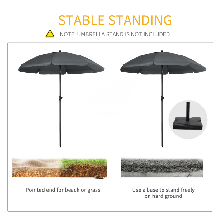  Umbrela de soare pentru plaja din Poliester si Otel cu 8 Nervuri, cu Tetiera care se Inclina la 45° si Design in 2 Sectiuni, Ø180x209 cm, Gri [7]