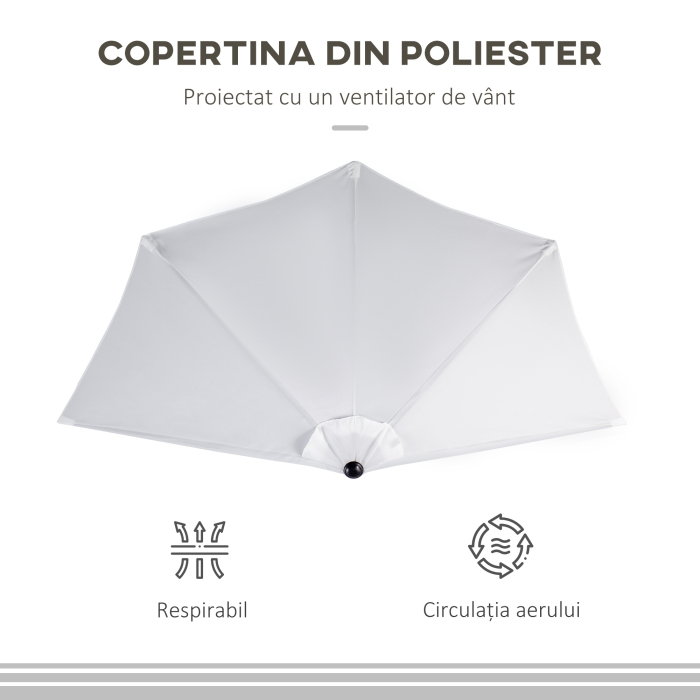  Umbrela de Terasa in Forma de Semiluna cu Deschidere cu Manivela si Stalp in 2 Sectiuni, 2,6x1,35 m, Alba [7]