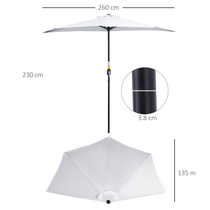  Umbrela de Terasa in Forma de Semiluna cu Deschidere cu Manivela si Stalp in 2 Sectiuni, 2,6x1,35 m, Alba [3]