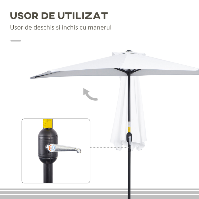  Umbrela de Terasa in Forma de Semiluna cu Deschidere cu Manivela si Stalp in 2 Sectiuni, 2,6x1,35 m, Alba [5]