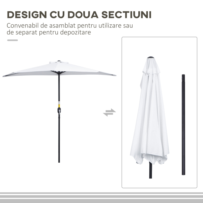  Umbrela de Terasa in Forma de Semiluna cu Deschidere cu Manivela si Stalp in 2 Sectiuni, 2,6x1,35 m, Alba [6]