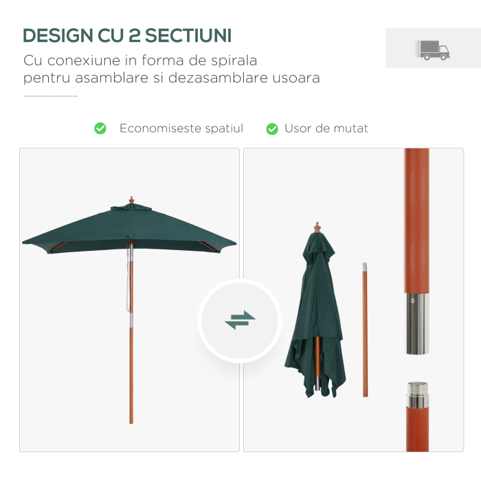  Umbrela Dreptunghiular din Bambus si Poliester Anti-UV Verde 2x1.5x2,3m [7]