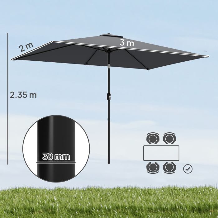  Umbrela dreptunghiulara de gradina 3x2 m cu manivela, din metal si poliester, gri inchis [3]