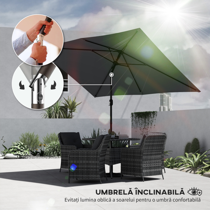  Umbrela dreptunghiulara de gradina 3x2 m cu manivela, din metal si poliester, gri inchis [4]