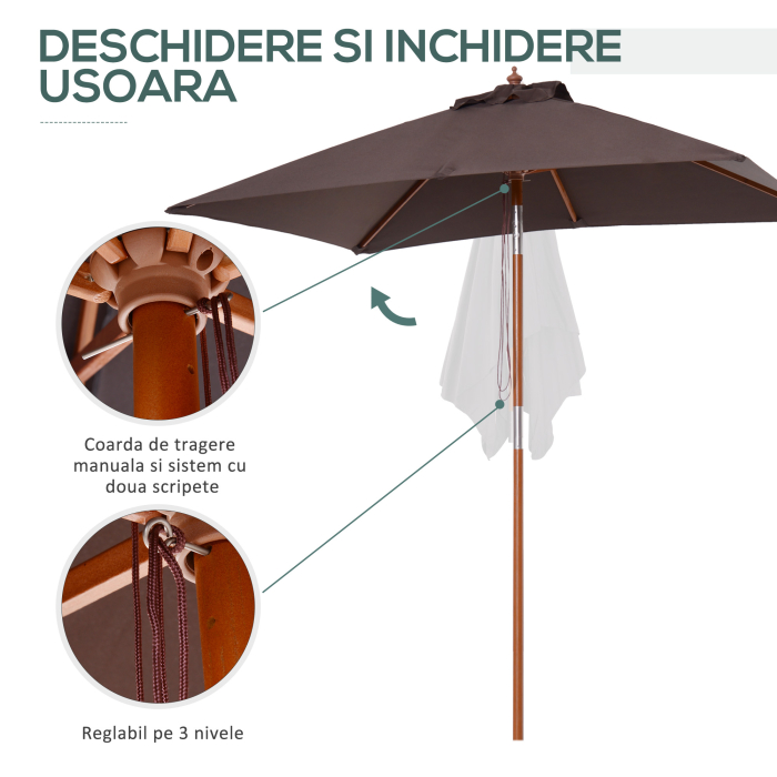  Umbrela dreptunghiulara inclinabila 2x1,5 m cu 6 spite si deschidere cu sfoara, din bambus si poliester, culoare cafea [6]