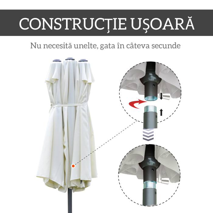  Umbrela Dubla cu 12 Spite, Baza in Cruce si Manivela, din Otel si Poliester, 455x265x238 cm, Bej [5]